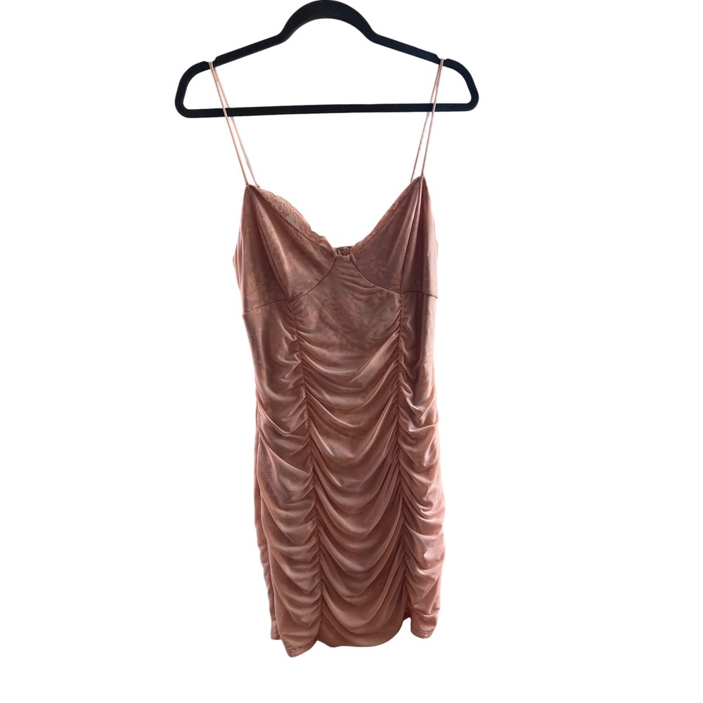GUESS Pink Velvet Ruched Bodycon Mini Dress Spaghetti Strap Lace Trim Size L